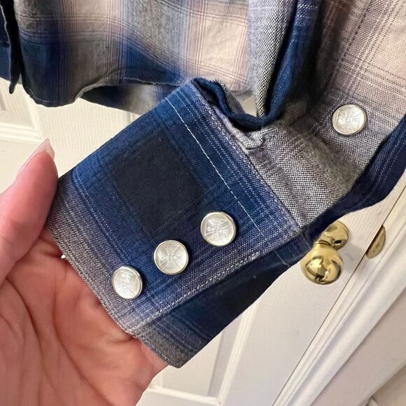 West Coast Choppers Long Sleeve Plaid Button Down Shirt Round Hem Blue Men's - Picture 3 of 9